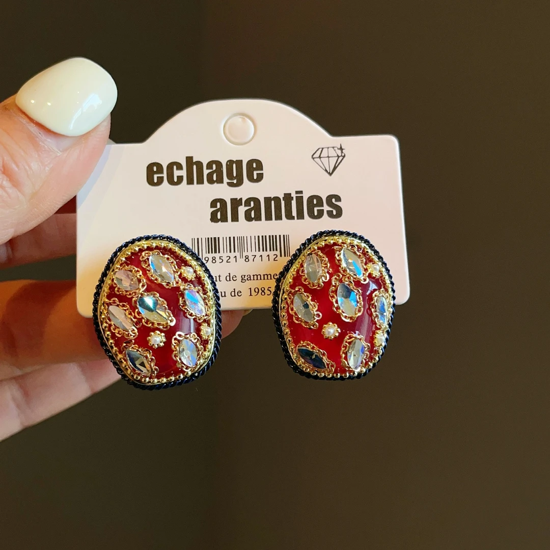 铜合金耳饰 重工级彩宝手镶链条红耳环锆石耳钉名媛高档耳饰