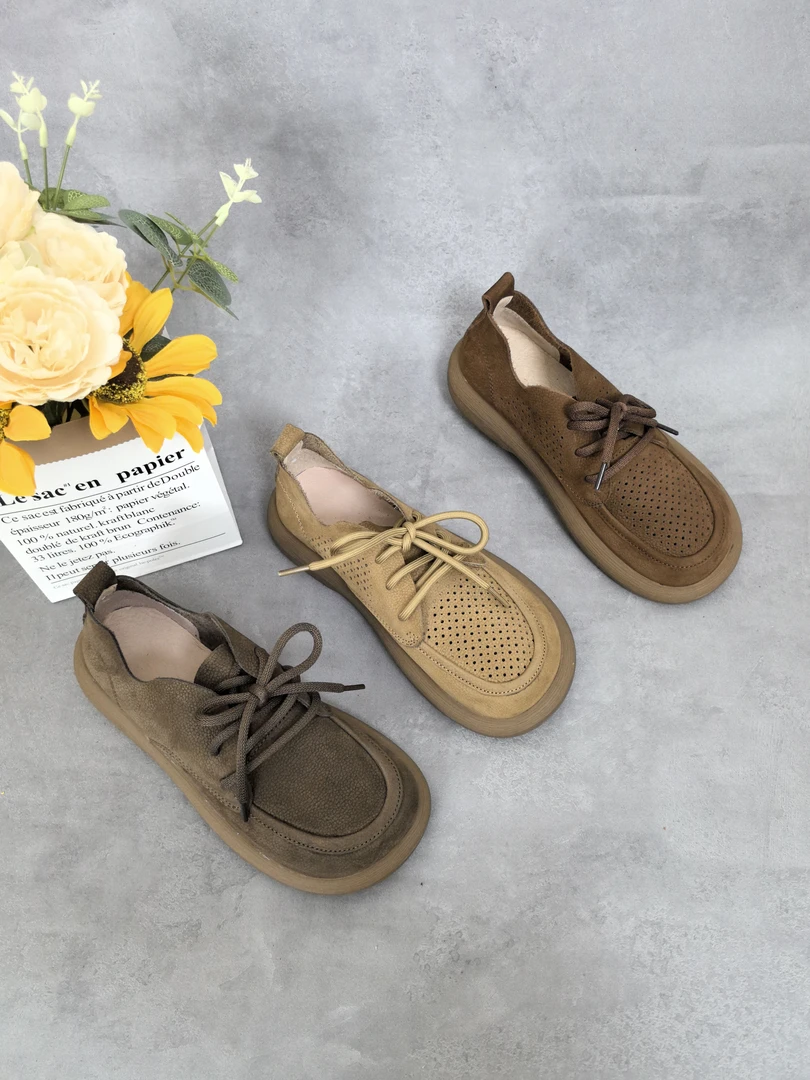 森女头层牛皮圆头透气镂空单鞋2025春夏新款百搭低帮厚底真皮鞋女