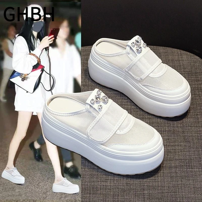 经典百搭款纱镂空半拖鞋增高8cm夏新款水钻魔术贴厚底松糕包头拖