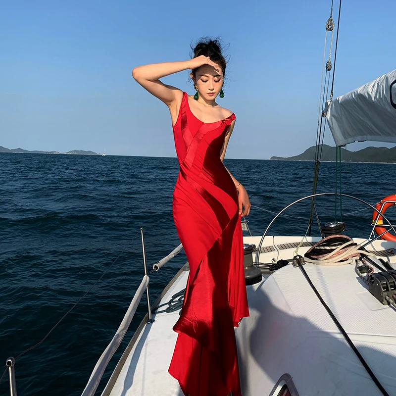小丽弗朗明戈女郎无袖吊带连衣裙多巴胺性感鱼尾包臀长裙子