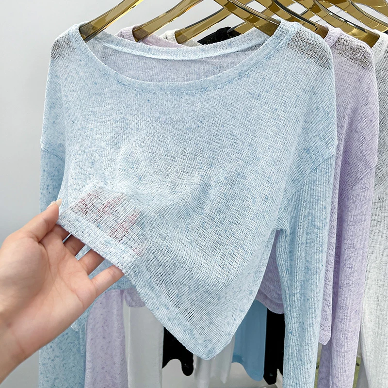 白色大圆领透视网纱长袖小衫女新款洋气内搭冰丝针织防晒罩衫上衣