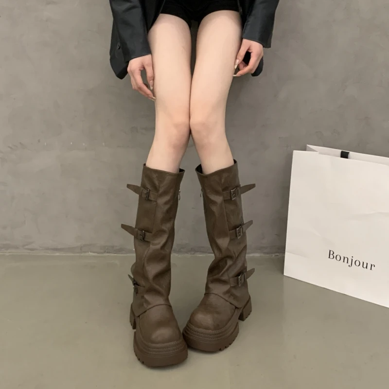 2025时尚百搭厚底增高时装靴长筒骑士靴秋冬新款长靴女复古皮带扣