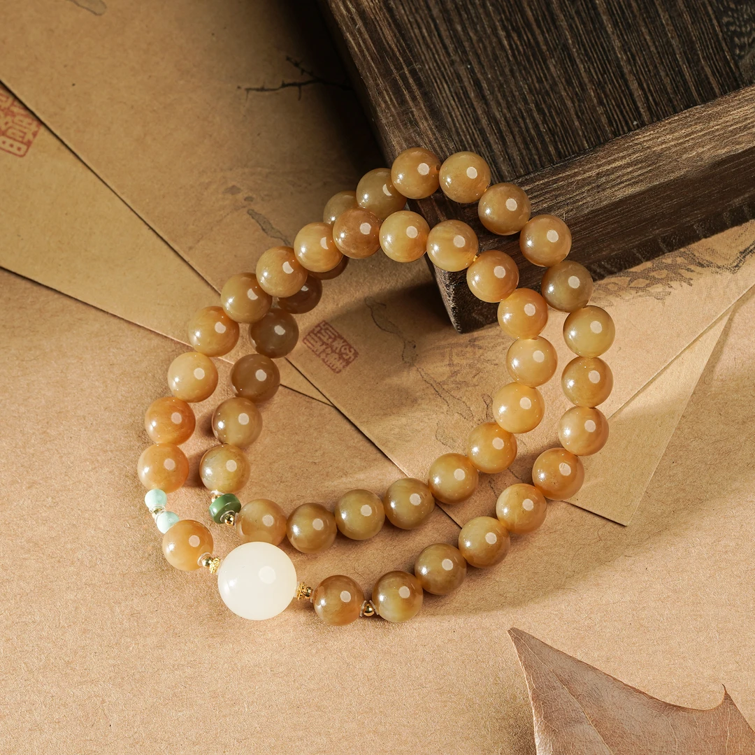 【18K】日照金山·和田玉糖玉藕粉顶珠多圈手串8MM圆珠文玩好物Q5