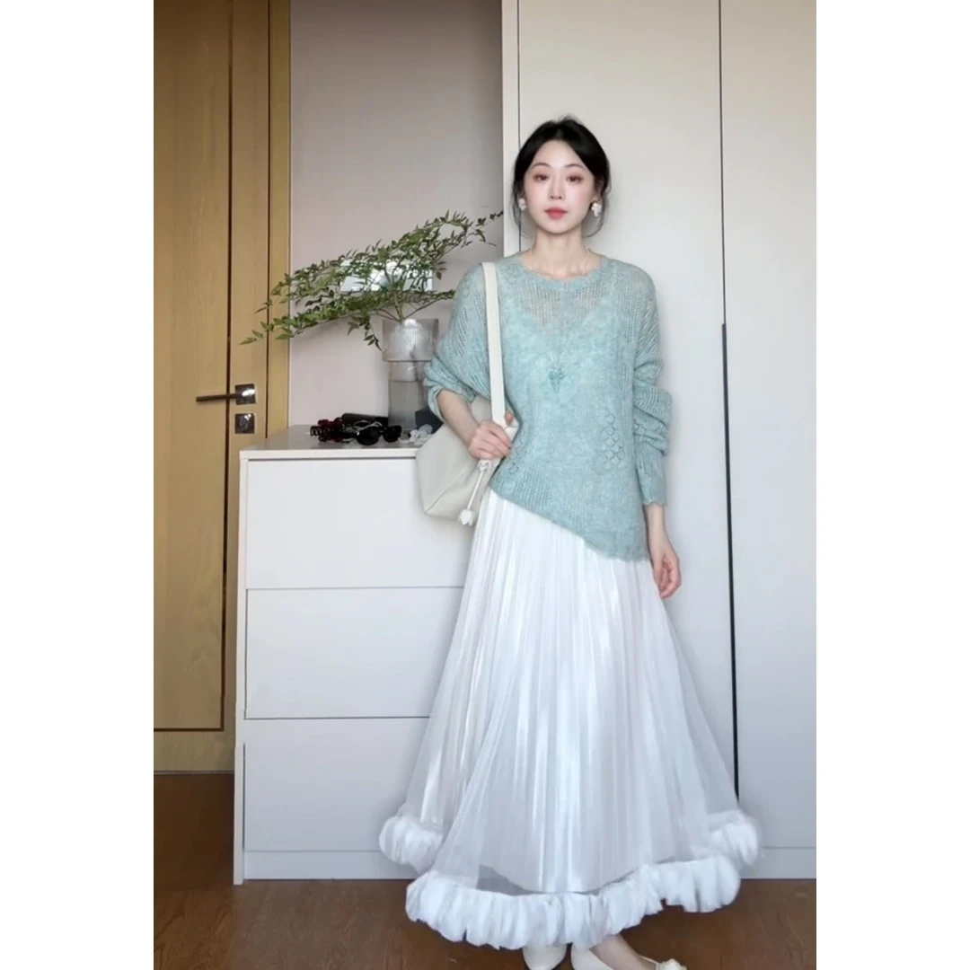 MARIE.COCO森系绿色镂空针织罩衫上衣女网纱拼接花边半身裙两件套