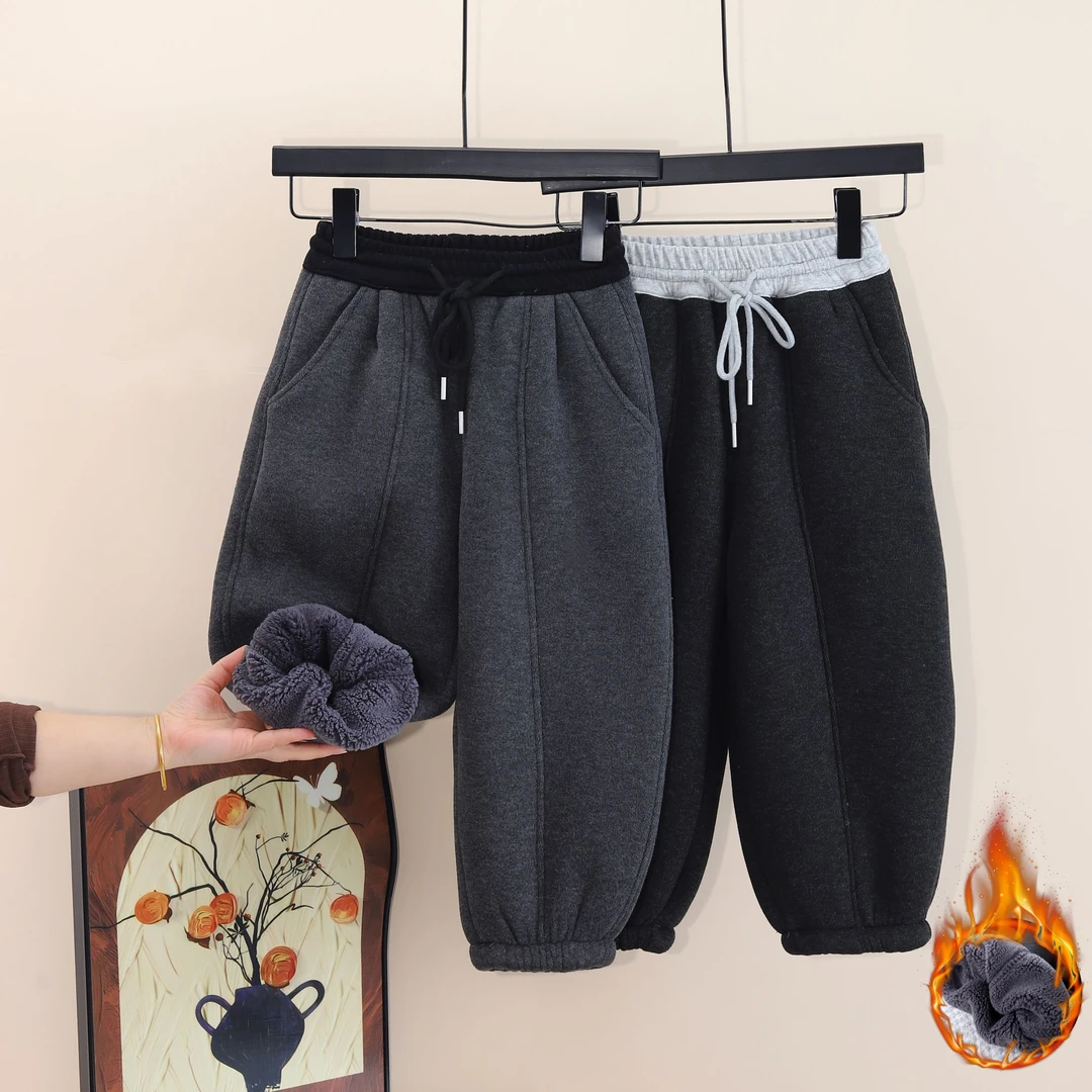 男女童加绒加厚裤子秋冬季2025新款中大儿童休闲阔腿运动弯刀长裤