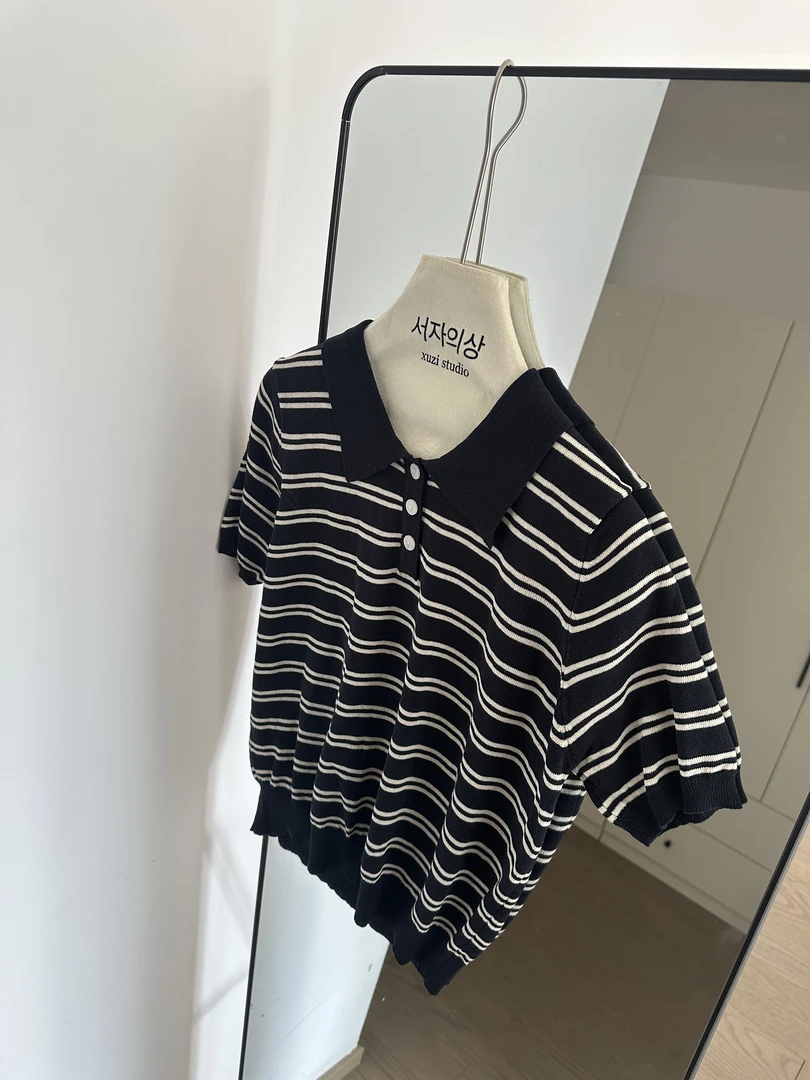 徐子 慕斯公园·条纹Polo衫学院感短袖针织衫韩系宽松T恤复古百搭