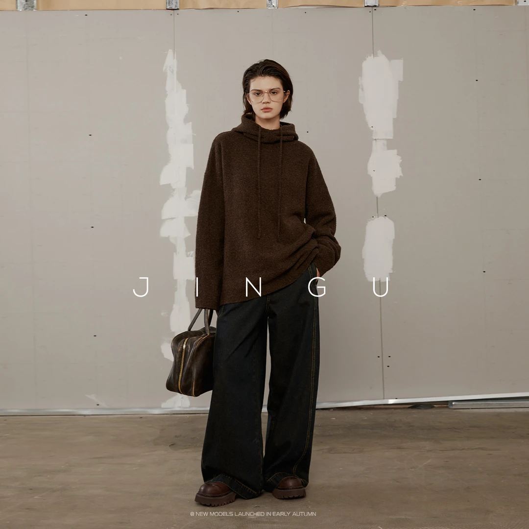 晶咕黑标JGGU堆领连帽针织长袖针织衫休闲宽松纯色