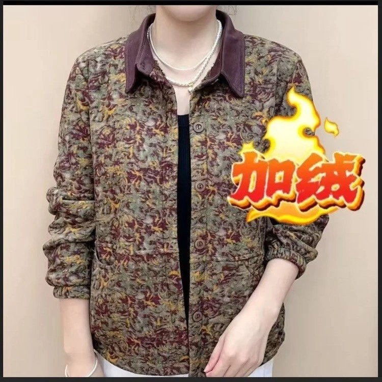 2025中老年女装复古碎花长袖外套洋气加绒翻领夹克