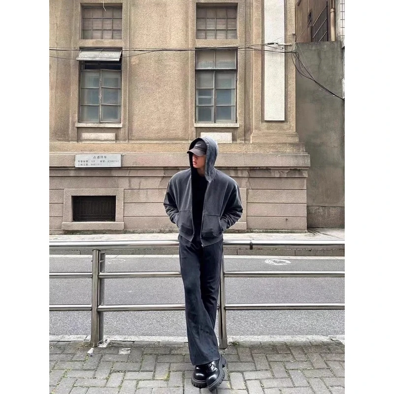 美式复古春秋做旧廓形短款基础水洗做旧落肩boxy连帽拉链卫衣男潮