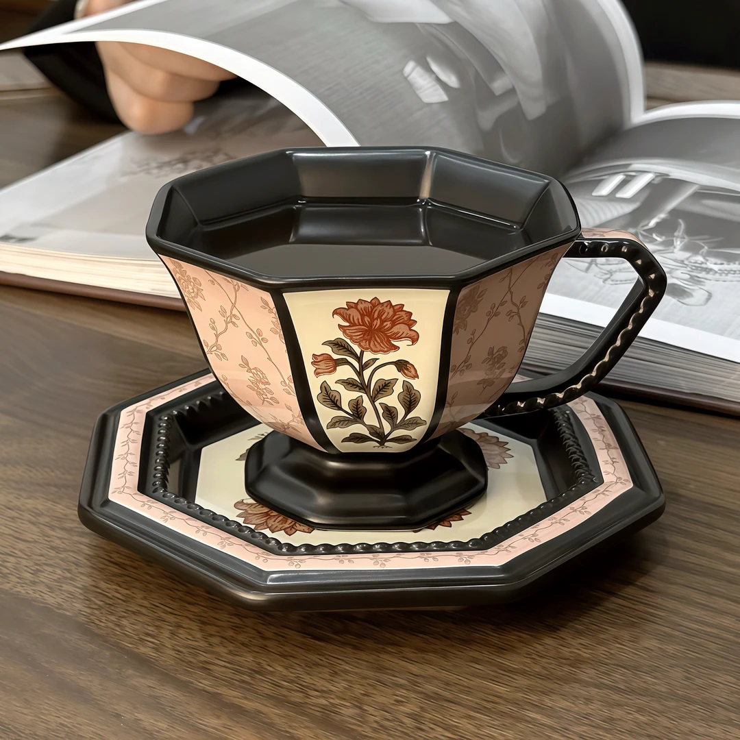 牡丹系列咖啡杯碟套装中古陶瓷杯礼盒装高档精致复古高颜值马克杯