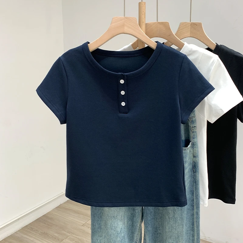 【T恤系列】简墨藏蓝半开领短袖舒适遮肉显瘦版t恤女短袖