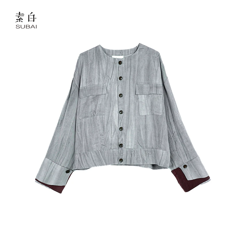 素白圆领休闲短款外套SB2408DT00179