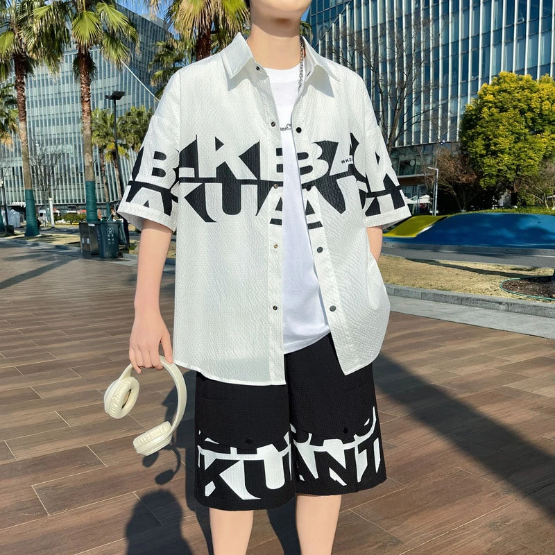 2025夏季新款套装青少年时尚潮流百搭衬衫短袖短裤套装男