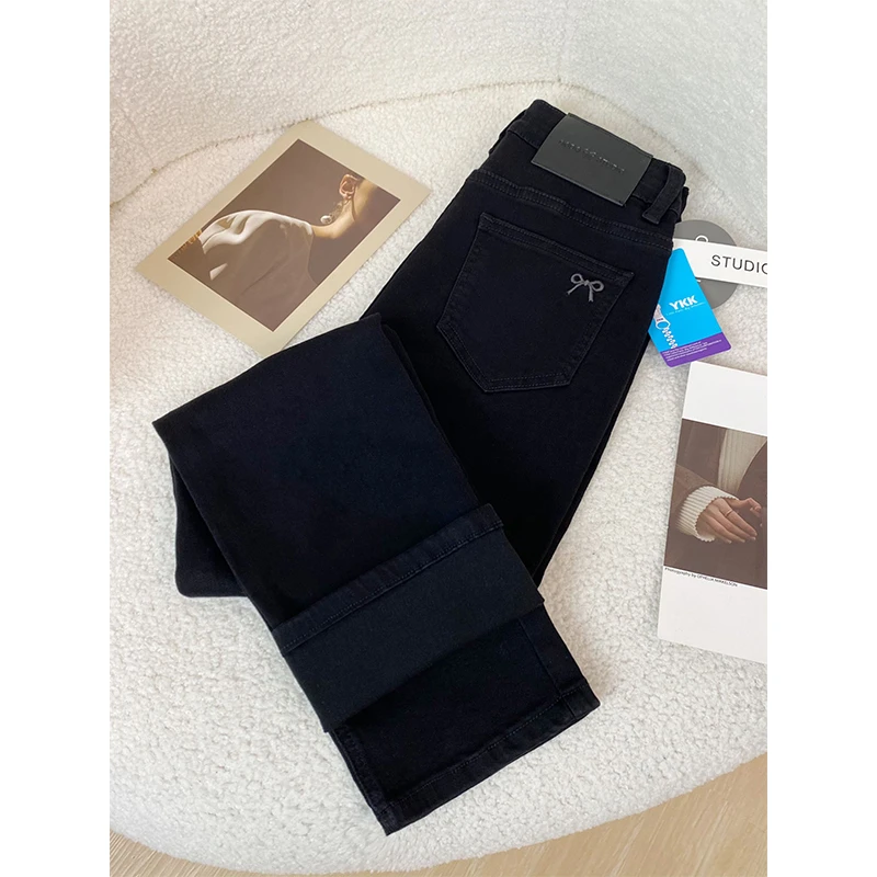 早秋九分牛仔裤女爆款2025新款高腰窄版黑色直筒小个子烟管裤子女