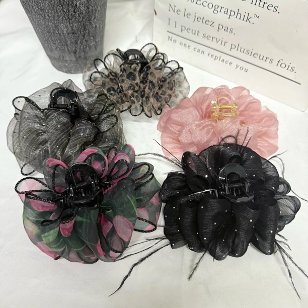 抓夹2024年豹纹雪纺新款韩版发夹蕾丝春夏简约欧根纱发饰气质网红