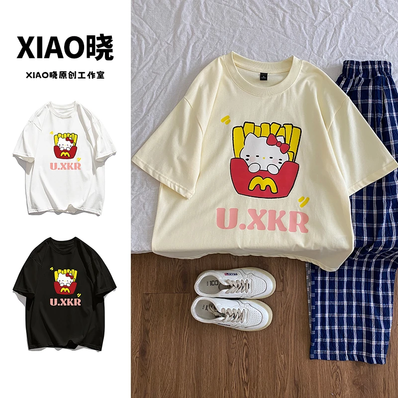 100%纯棉宽松薯条凯蒂猫显瘦短袖圆领小众T恤休闲上衣#T018737