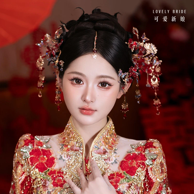 新娘秀禾头饰高级红蓝撞色水凝花朵发簪中式龙凤褂造型发饰HZ1300