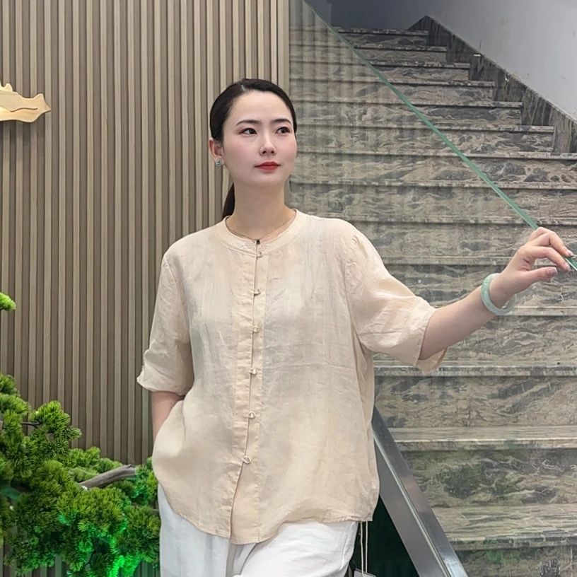 时尚苎麻短袖衬衫女季新款宽松显瘦休闲上衣
