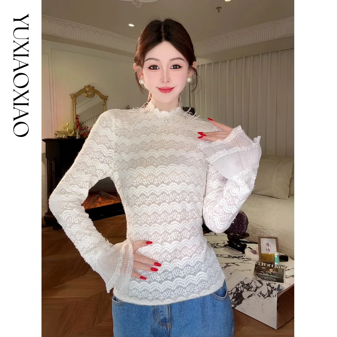 余潇潇【月神海浪】精致百搭高弹力拼接亮片立体花朵蕾丝打底上衣