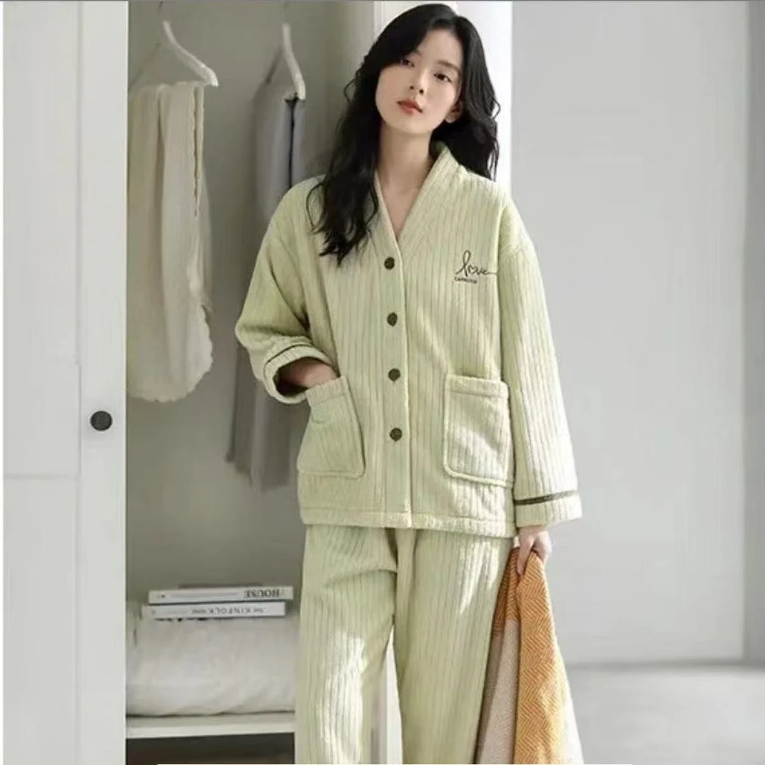 【反季清仓】冬季加绒加厚保暖女士长袖家居服套装外穿开衫2件套
