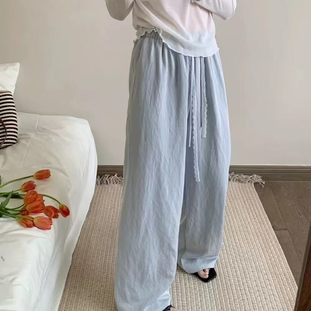 【纳米秀】2025春款多巴胺蕾丝飘带休闲直筒裤