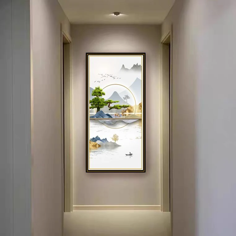 新中式迎客松玄关装饰画led灯入户门正对墙走廊过道的大气壁画