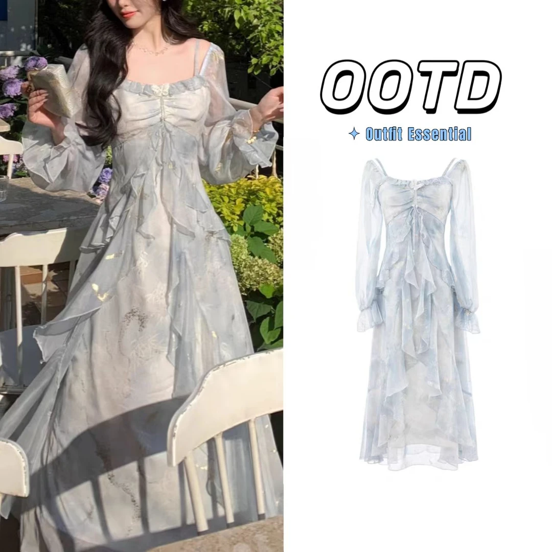 2025早秋海边旅游气质灰蓝色晕染仙气蝴蝶烫金荷叶边长袖连衣裙女