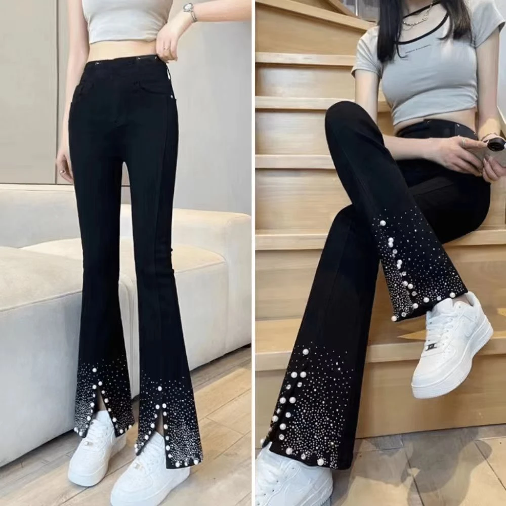 8109-春款设计感时尚高腰显瘦松紧腰开叉钉珠烫钻重工大码女裤