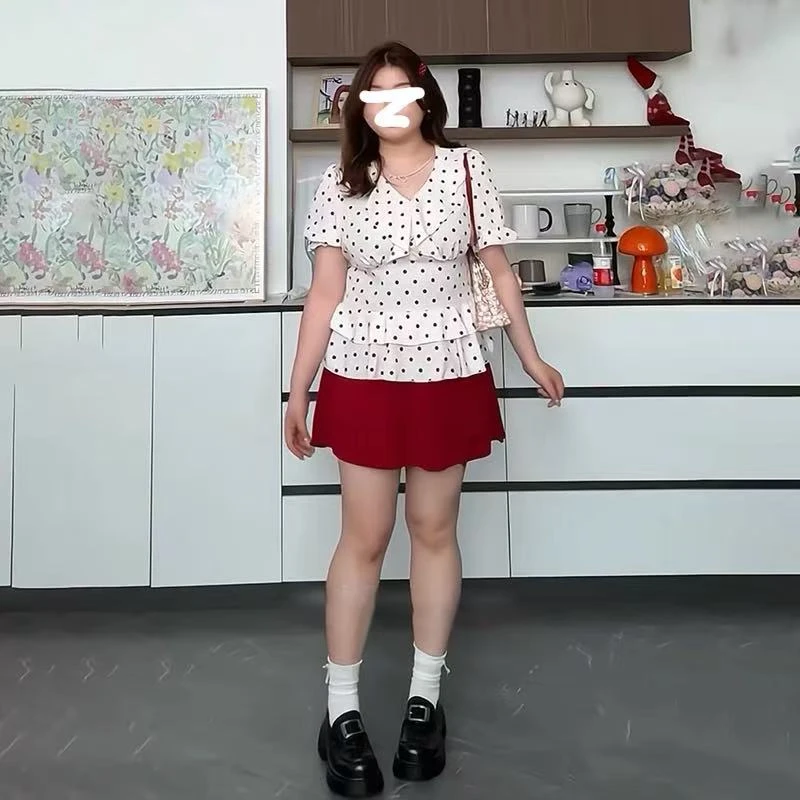 【源头厂家】微胖韩系波点系带泡泡袖上衣+红色蝴蝶结短裙套装