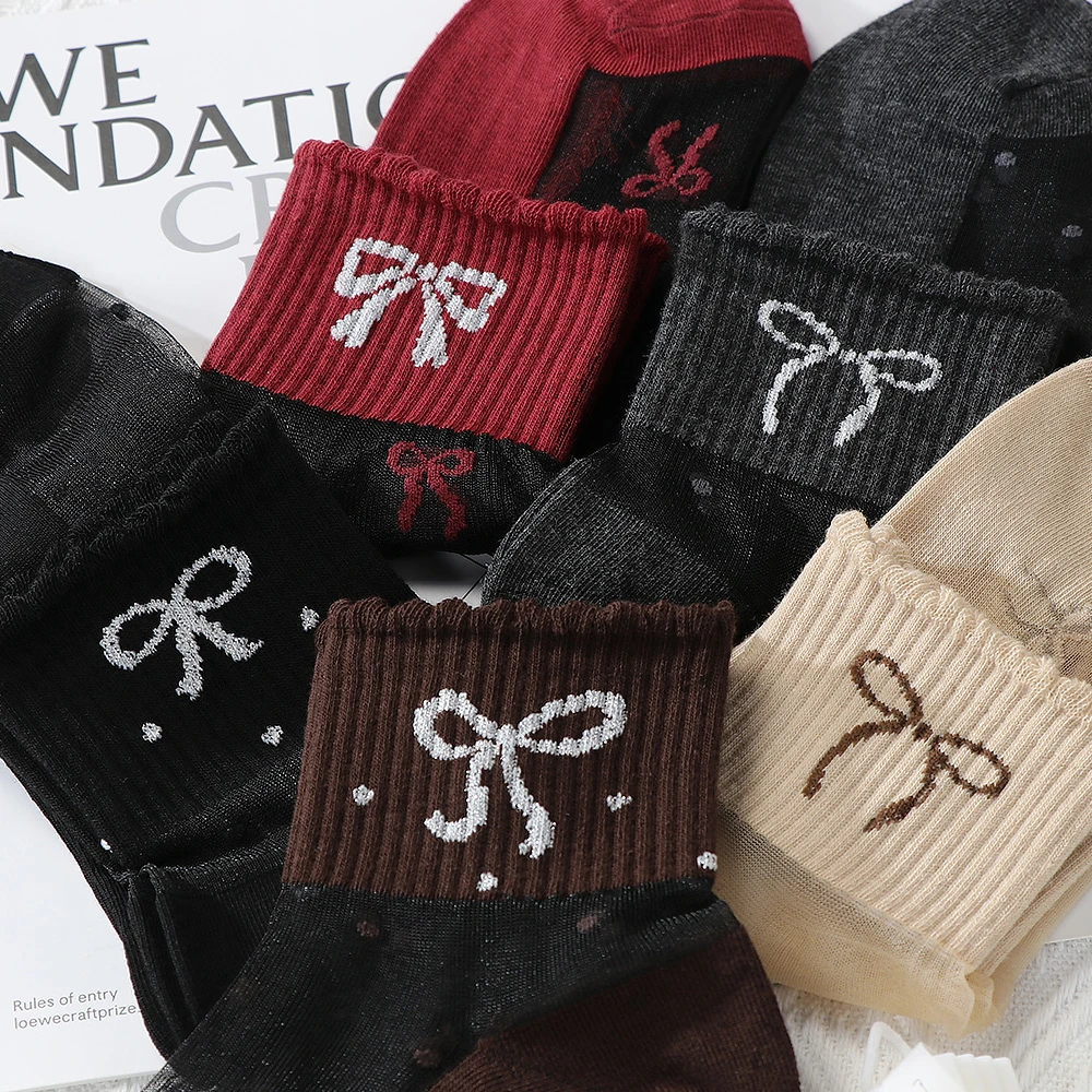 秋冬新款女袜蝴蝶结女士老年人袜子棉底丝面防滑透气中筒袜水晶丝