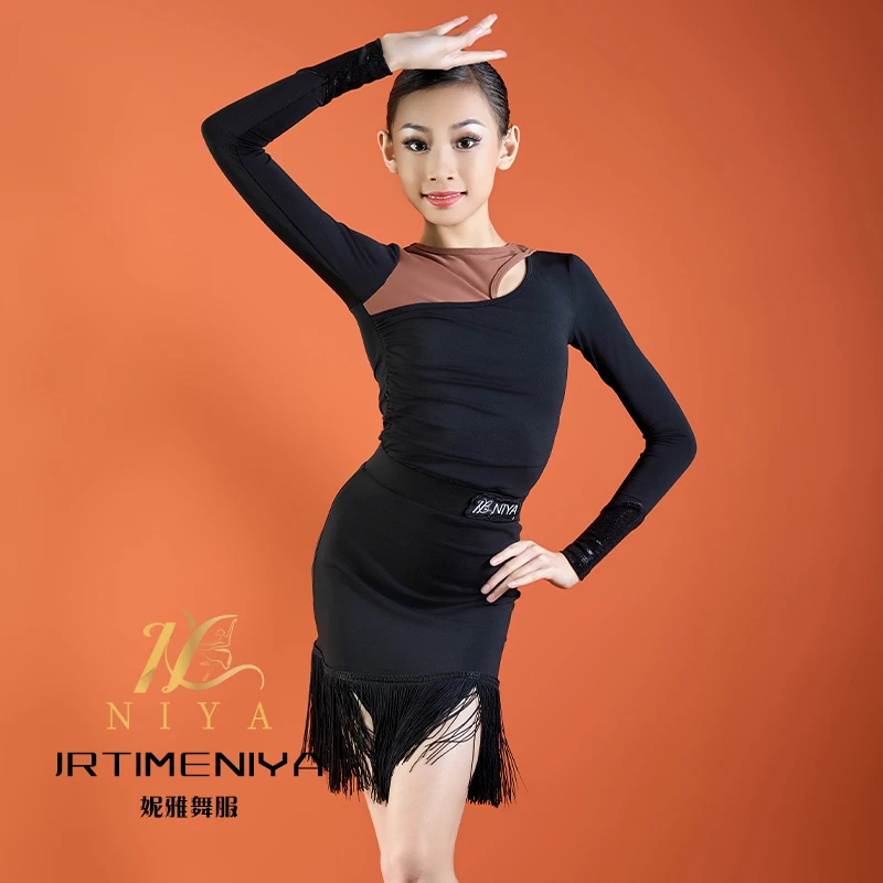 新款拉丁舞女童推荐练功服秋冬女长袖上衣包臀流苏裙新款简约爆款