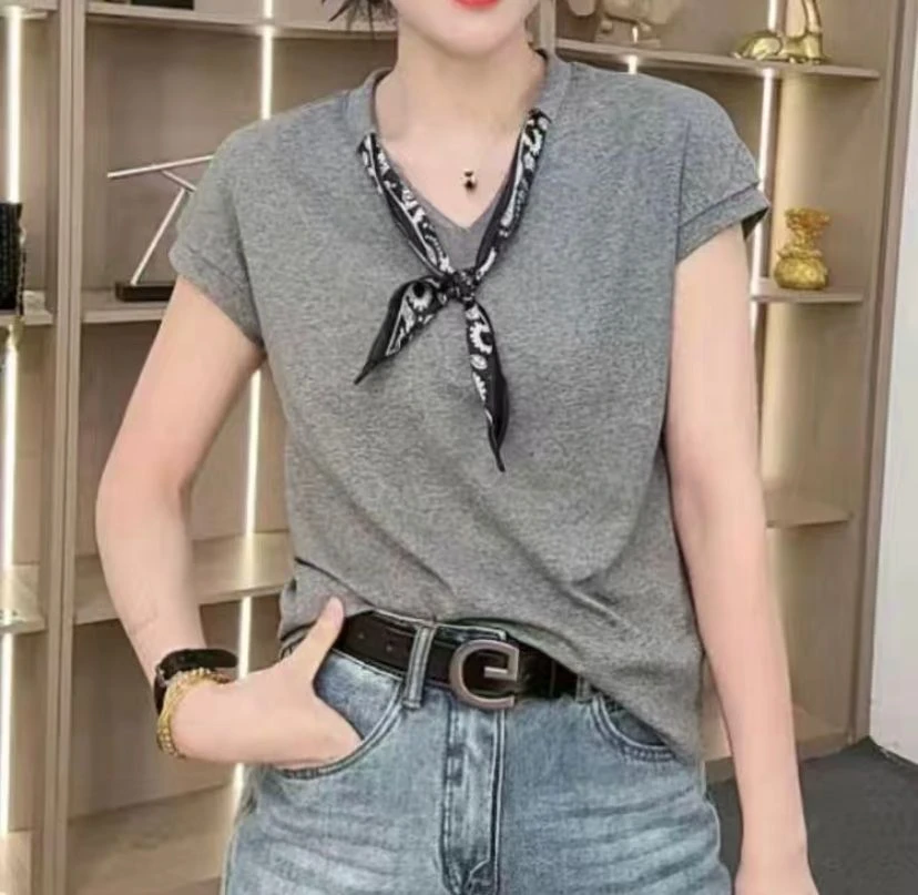 夏季新款时尚气质洋气休闲宽松百搭减龄女士短袖t恤上衣 v领丝巾