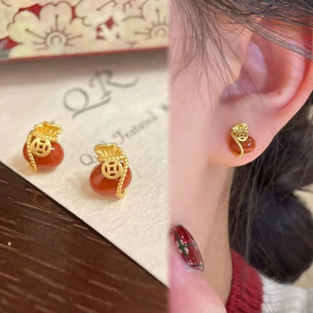 铜合金仿珍珠耳饰 小福袋~设计感红色耳环百搭 A341