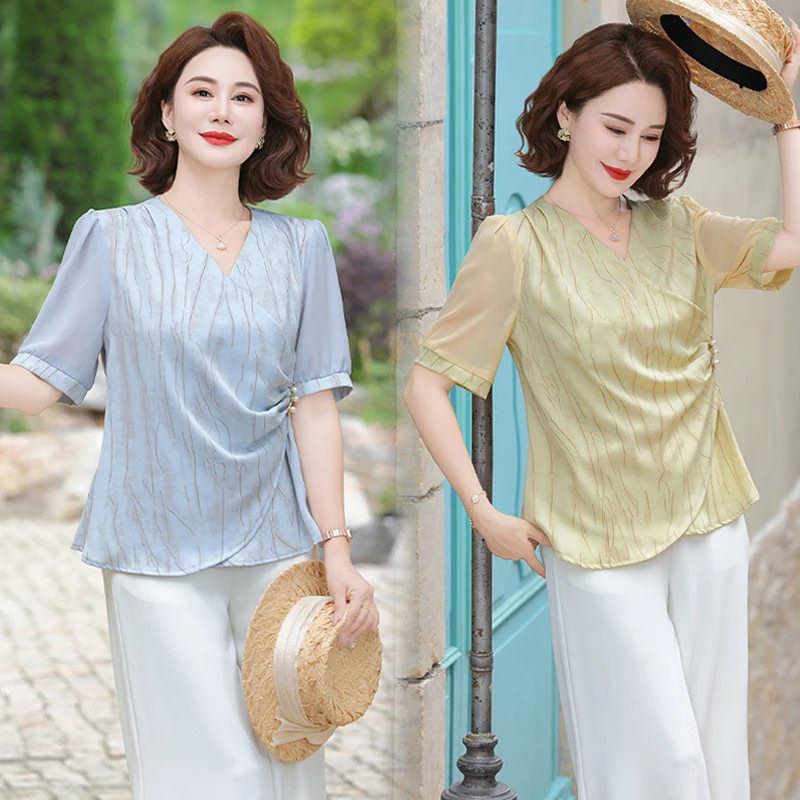 时尚妈妈装夏季收腰衬衣镂空拼接气质短袖百搭套装