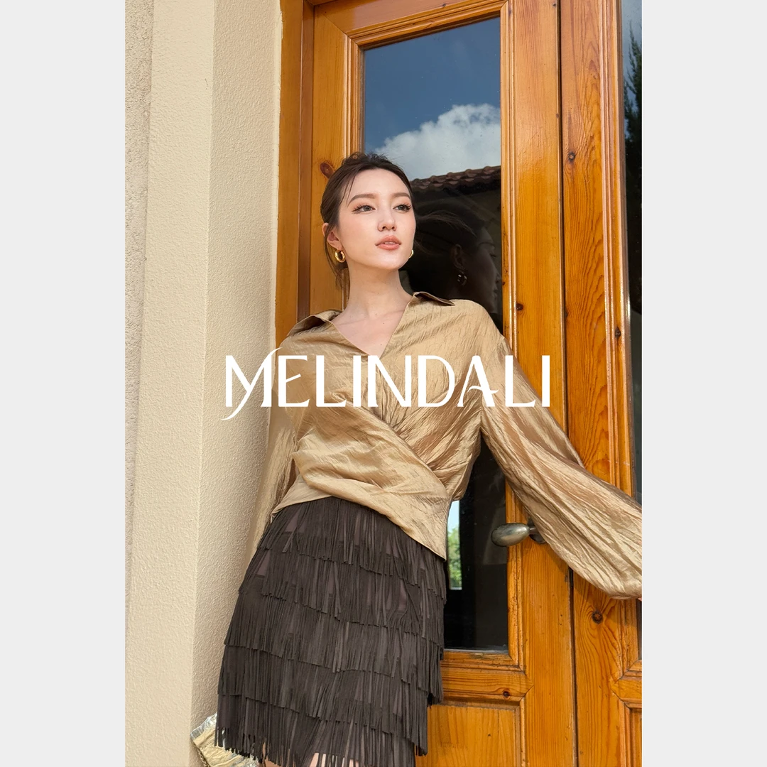 Melinda Li【琉璃金】优雅职场光泽鎏金醋酸翻领围裹式收腰衬衫