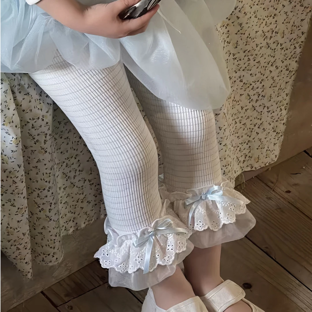 女童裤子2025春秋新款女童韩版弹力针织花边打底裤公主九分裤外穿