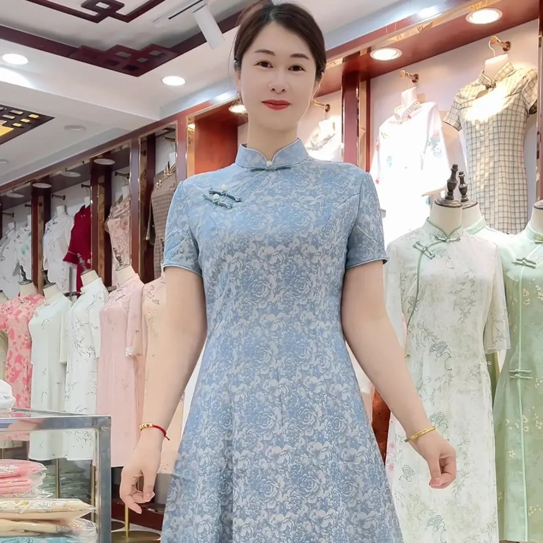 锦汐-2025年新款夏季长款七片大摆裙改良旗袍-蓝烟【2】