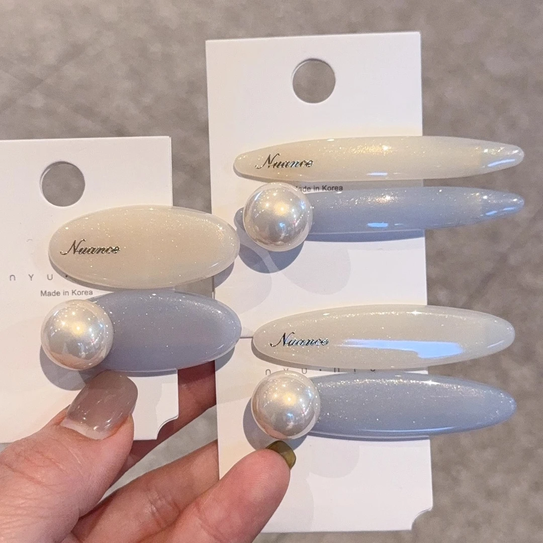 夏季新款珠光闪粉蓝白色组合对夹韩版时尚百搭少女发夹鸭嘴夹边夹