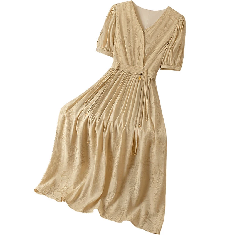 丝柏舍2025夏装新款女装V领气质收腰中长款五分袖连衣裙S51B0700L