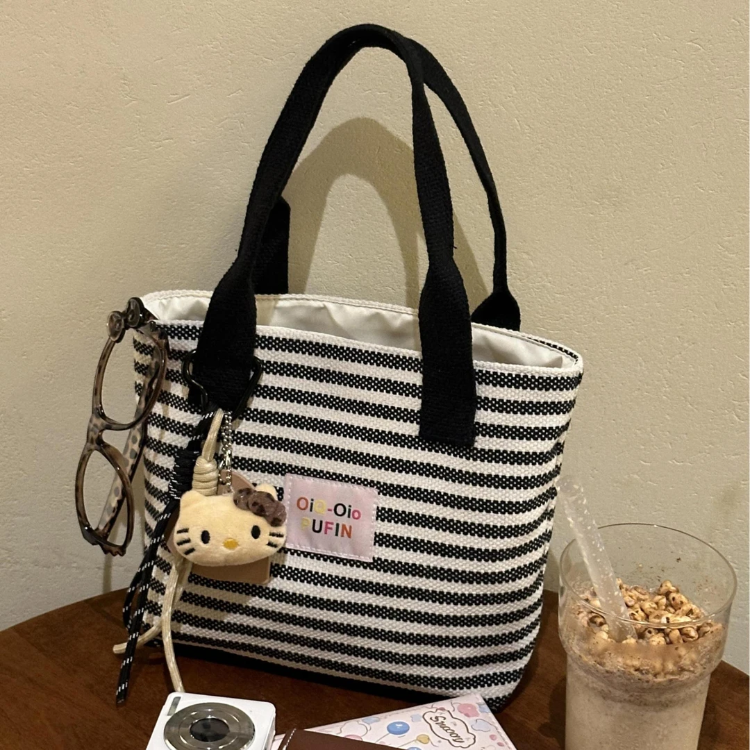 ZY新款条纹帆布包手提包女大容量百搭学生上班通勤饭盒拎包便当包