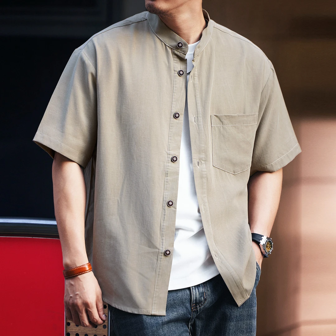 格蓝鹿美式复古轻熟风莱赛尔立领衬衫男士夏季薄款宽松短袖衬衣男