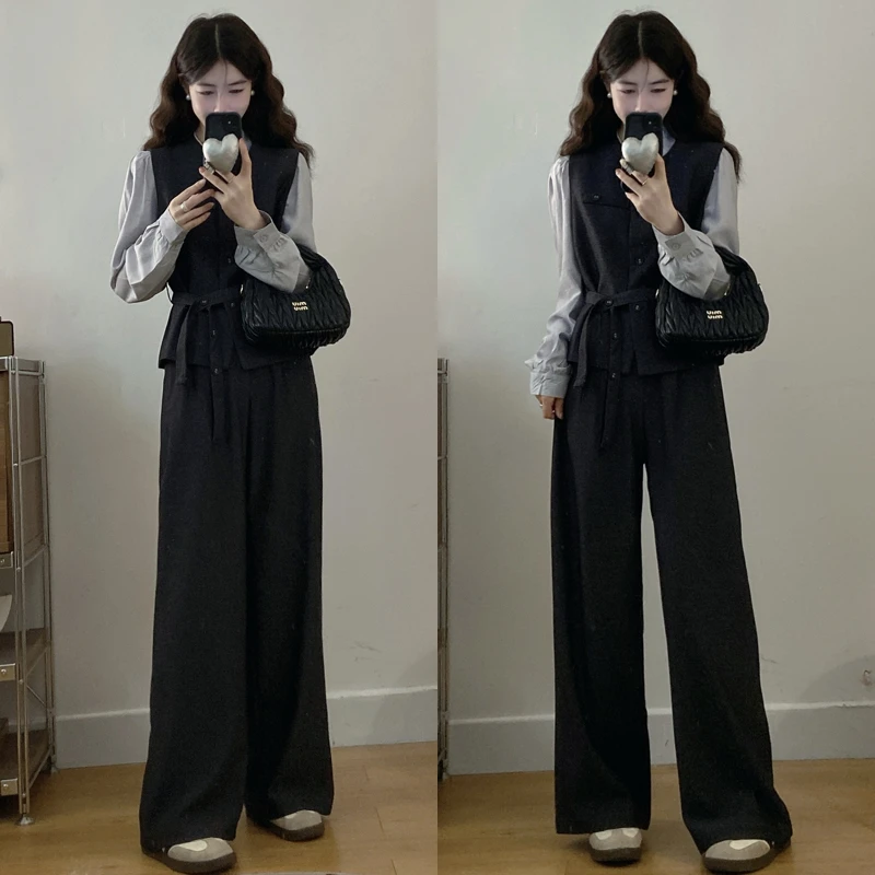 大码胖mm女装高级感通勤套装法式马甲打底衫直筒阔腿裤三件套装女