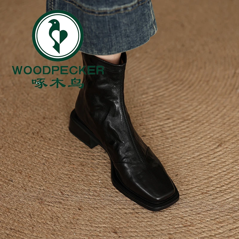 啄木鸟中跟粗跟短靴单靴子瘦瘦靴2025年新款黑色方头后拉链马丁靴