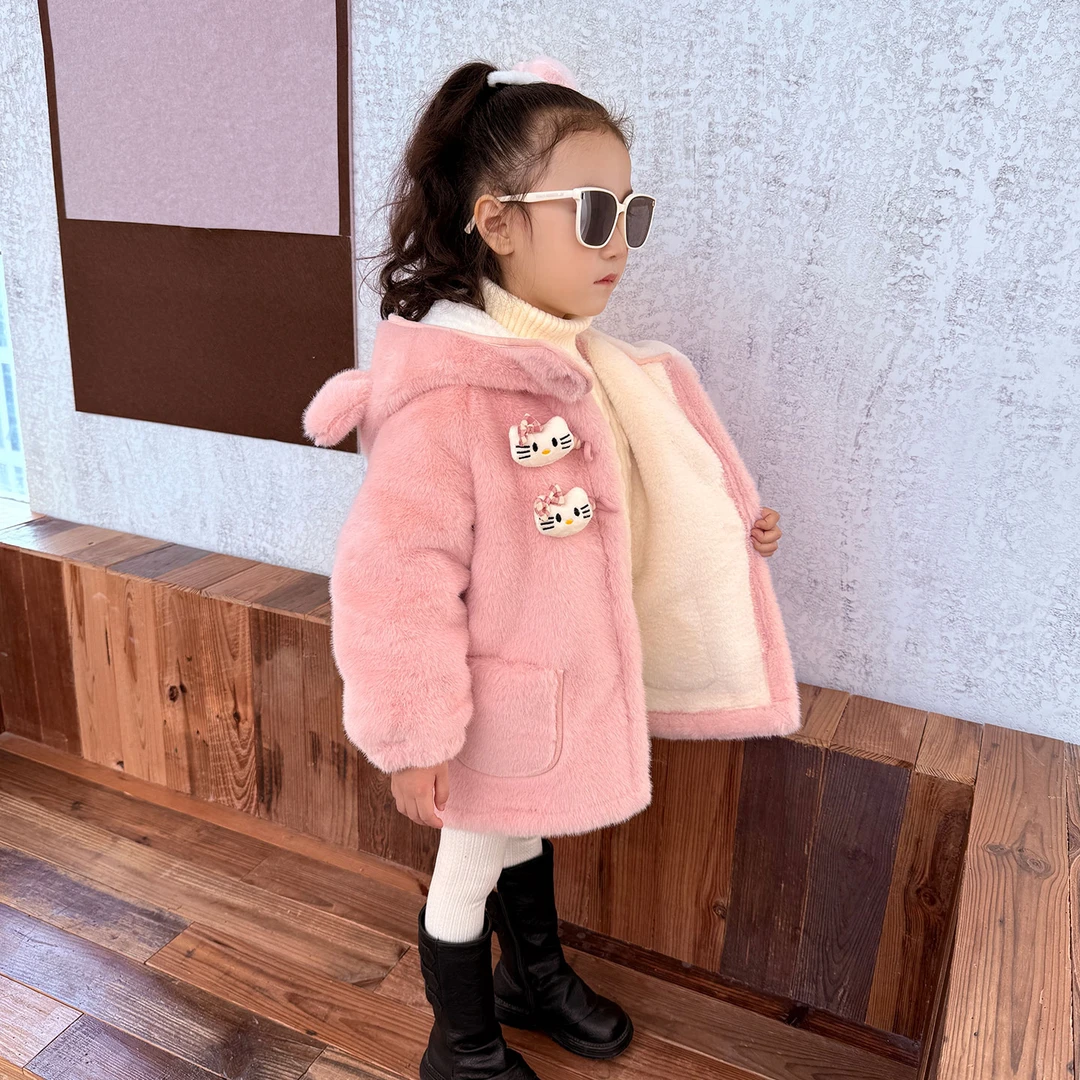女童秋冬仿兔貂毛毛衣儿童韩系连帽中长款大衣宝宝一体绒保暖外套