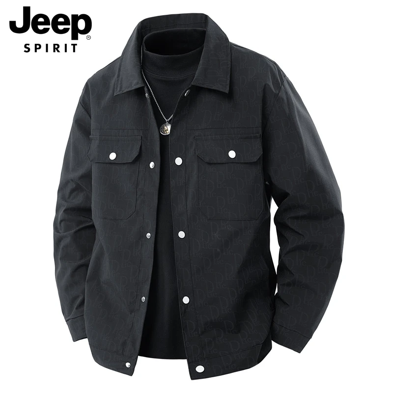 JEEPSPIRIT吉普休闲印花夹克男士春秋男款工装翻领潮流百搭外套男