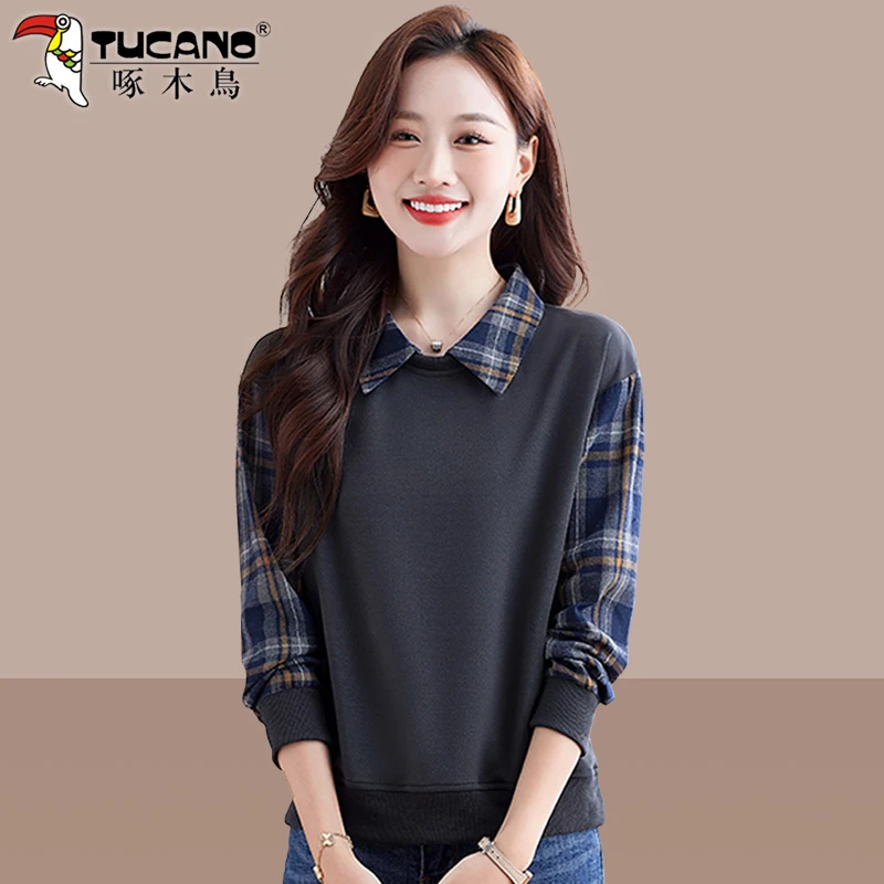 啄木鸟假两件长袖卫衣女款春秋季2025新款拼接宽松休闲小个子上衣