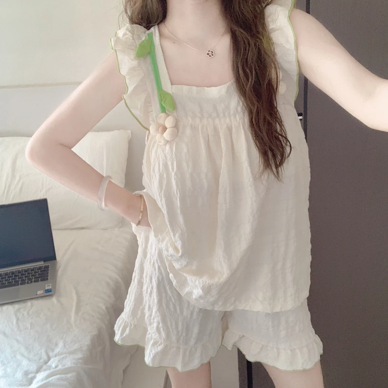 【带胸垫一体】背心短裤睡衣女夏季新款小绿花亲肤棉甜美家居服套装