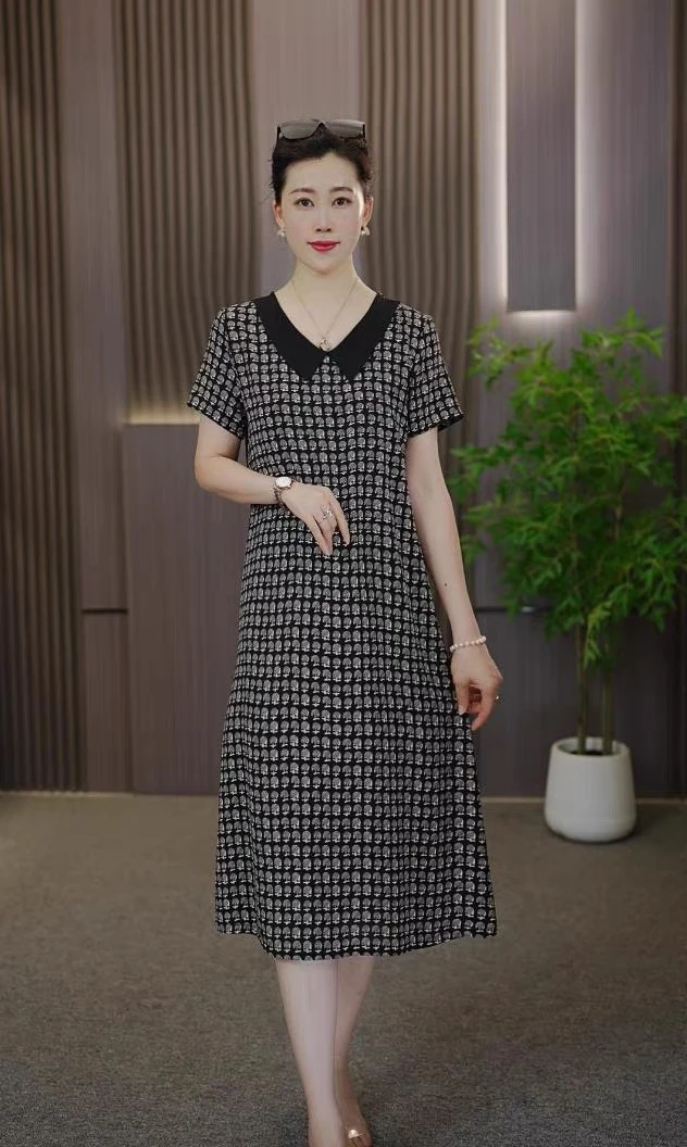 【婷婷专享】2025夏季时尚妈妈连衣裙气质减龄印花连衣裙Q2255