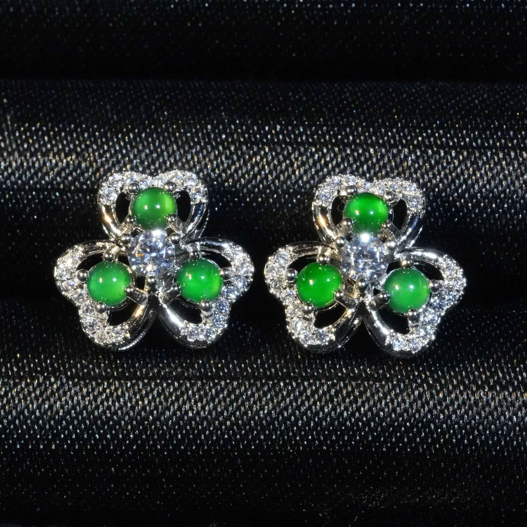 天然A货翡翠幸运草蛋面耳饰耳钉百搭轻奢款多样性发一对