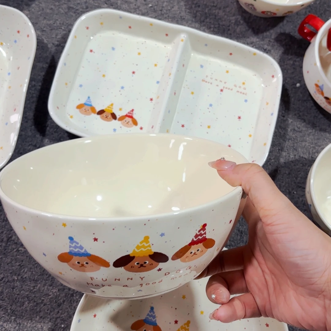 陶瓷三只小狗八寸汤饭碗微微瑕